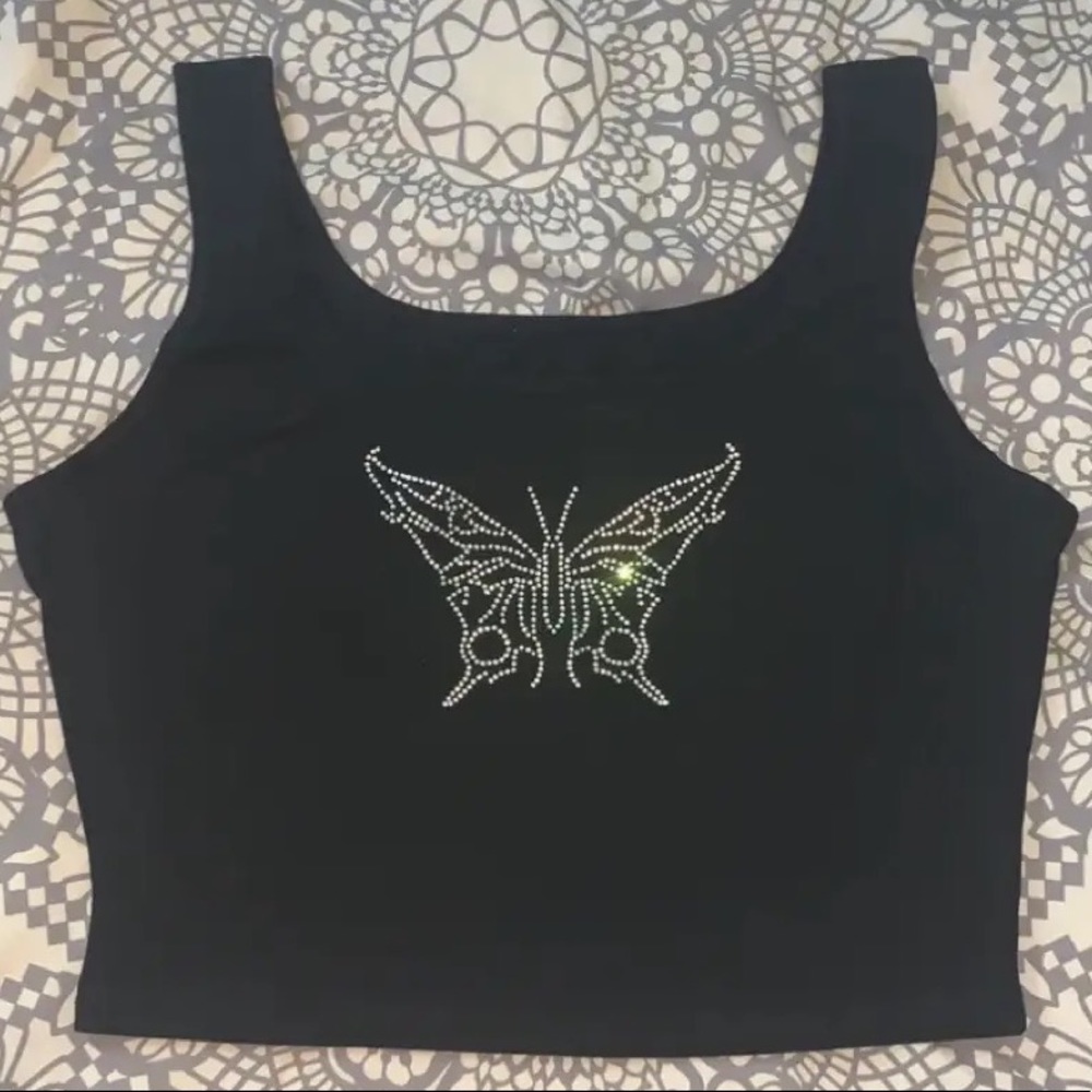 Black tank top with butterfly rhinestones